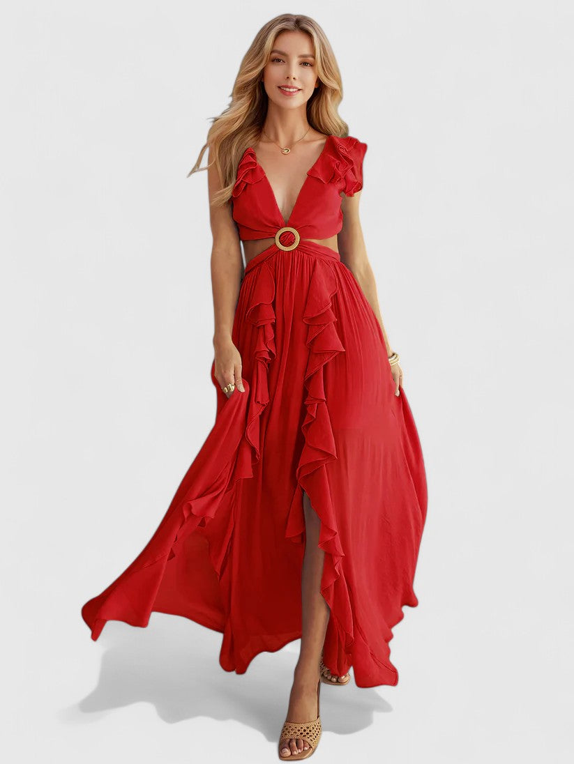 Elowen Plunge Maxi Dress with Front Ruffle Detail for Resort Evenings