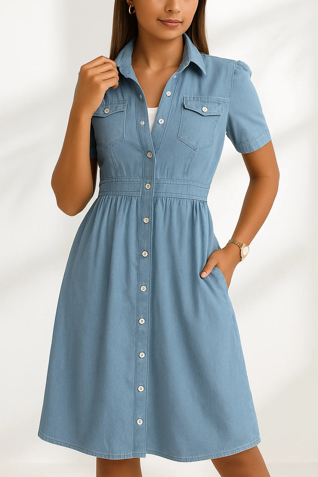 Emma - Button Front Shirt Dress with A-Line Silhouette and Chest Pockets