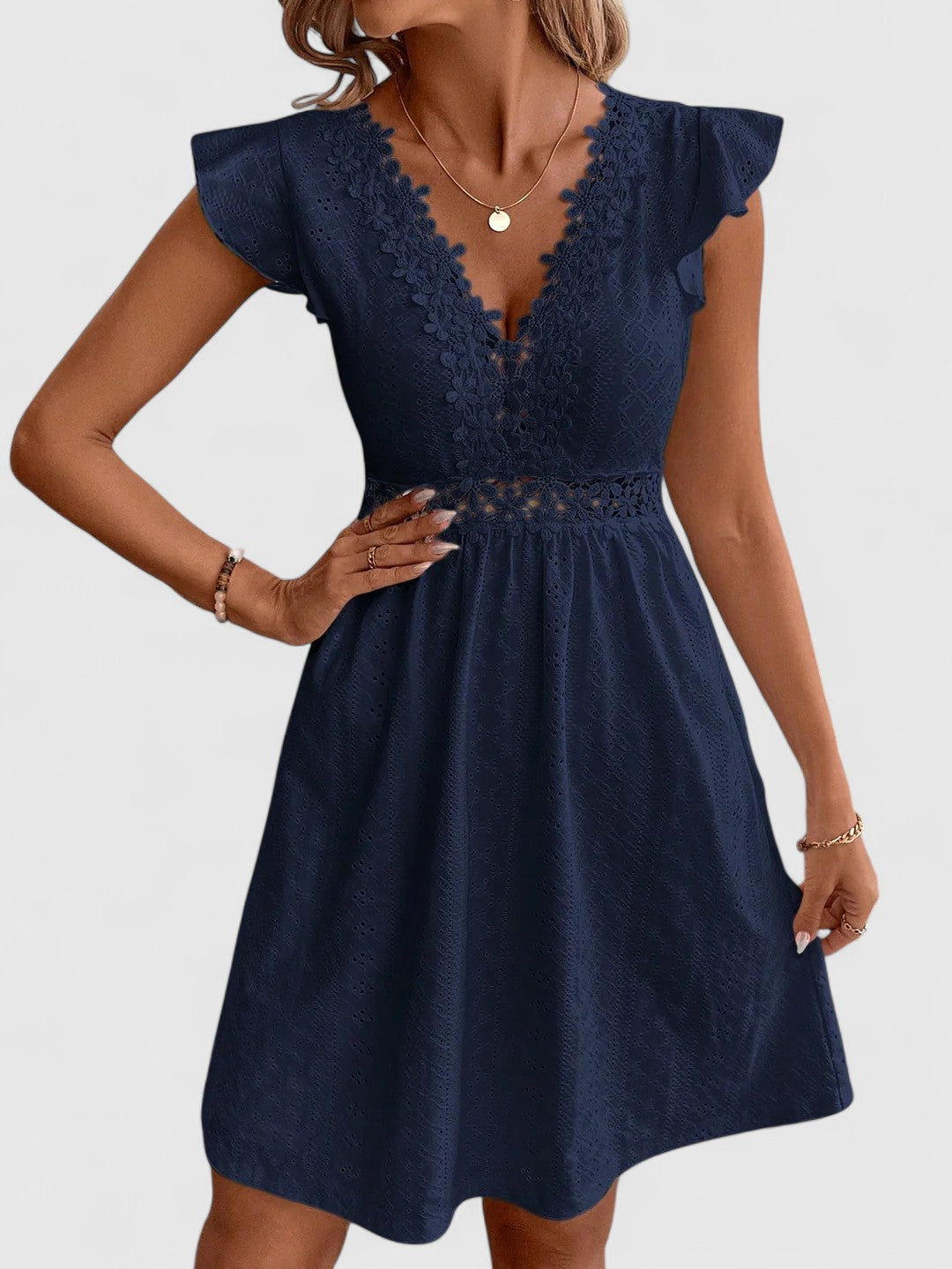 Evelina A-Line Dress with Lace Trim and Flutter Sleeves