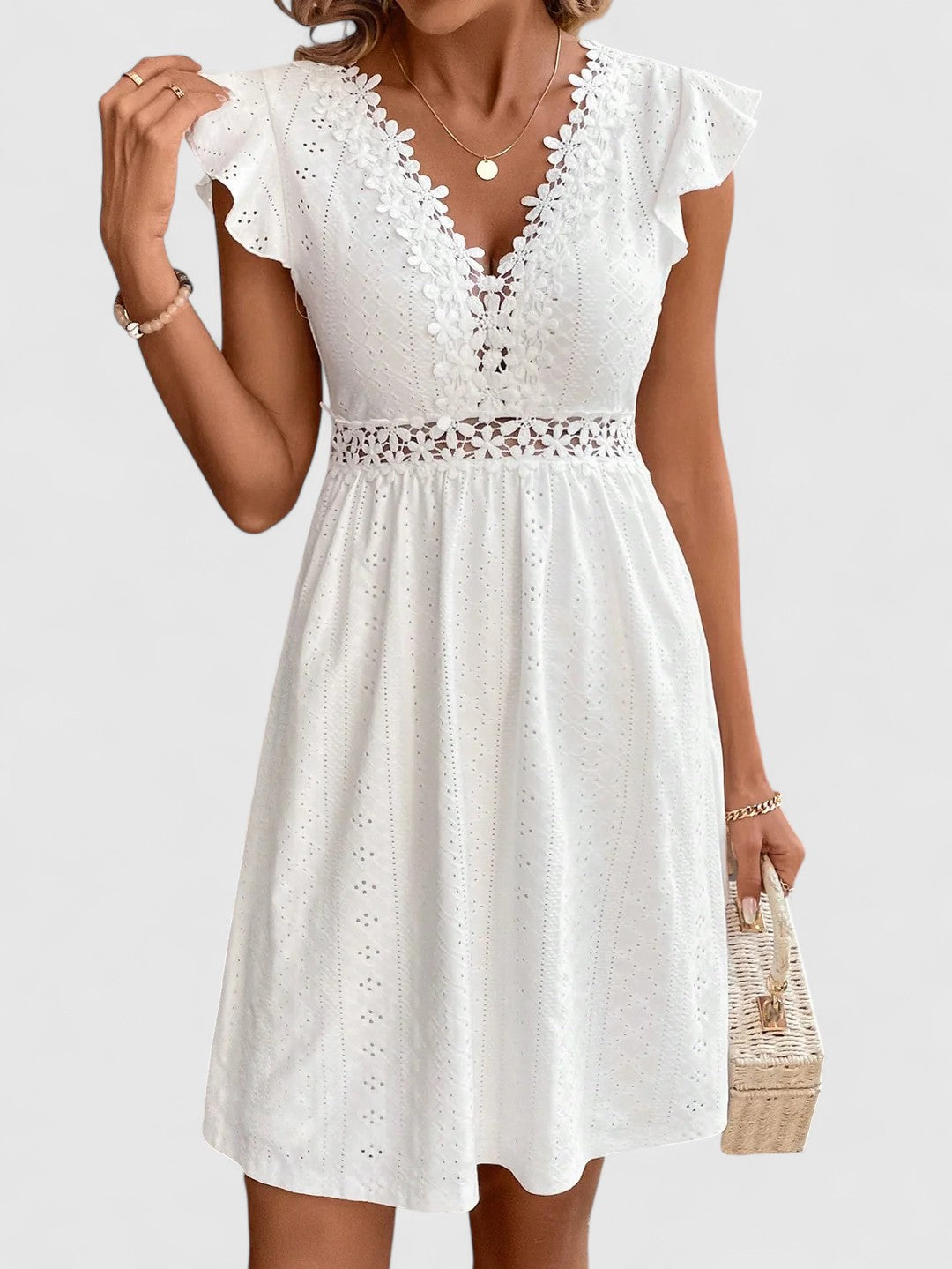 Evelina A-Line Dress with Lace Trim and Flutter Sleeves