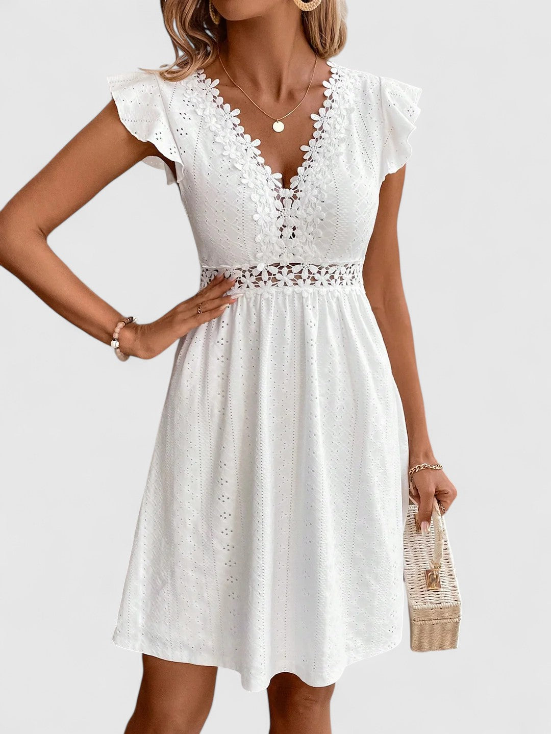 Evelina A-Line Dress with Lace Trim and Flutter Sleeves