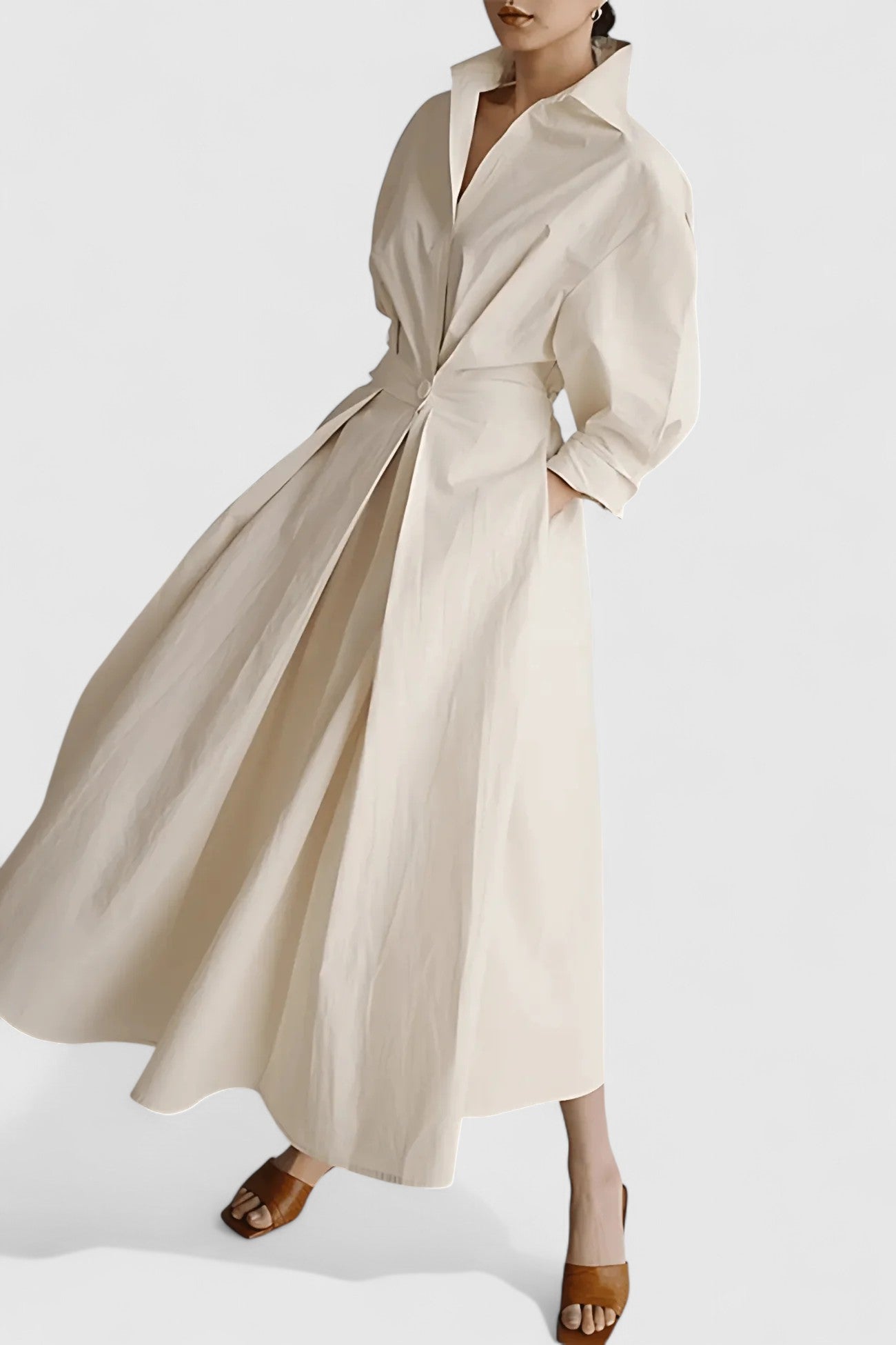Calantha Midi Dress with Structured Collar and Cinched Waist for Workwear