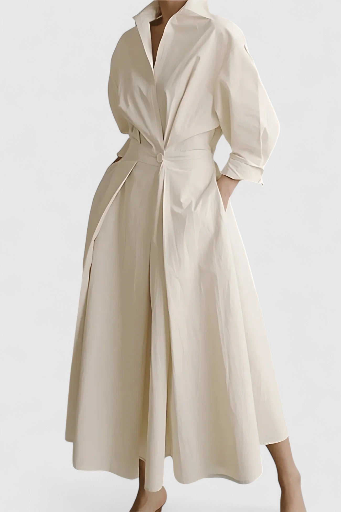 Calantha Midi Dress with Structured Collar and Cinched Waist for Workwear