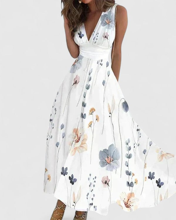 Fiora V-Neck Maxi Dress with Botanical Print for Garden Parties