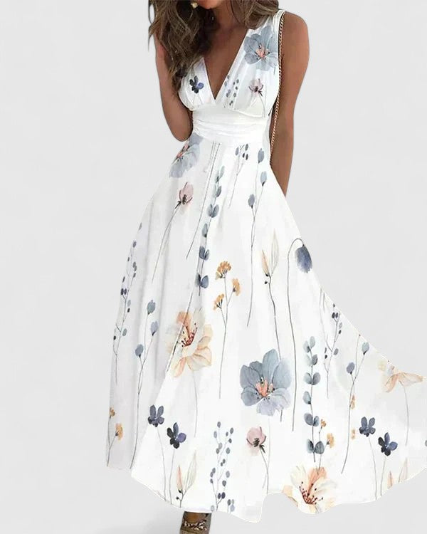Fiora V-Neck Maxi Dress with Botanical Print for Garden Parties