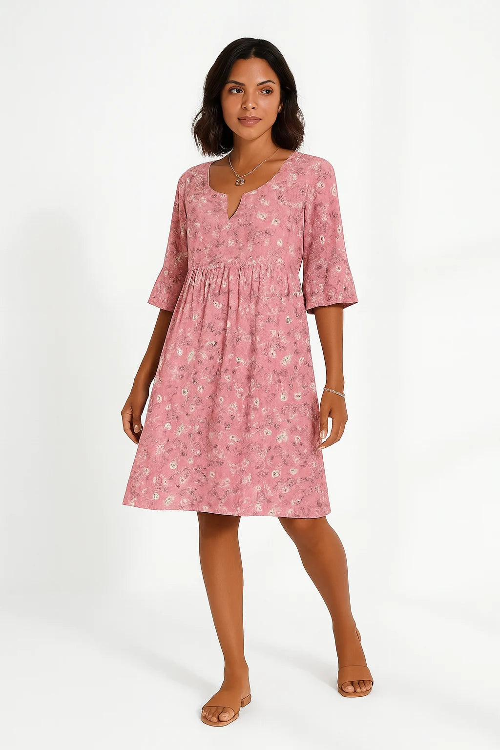 Isla - A-Line Floral Dress with Notch Neckline and Flared Sleeves