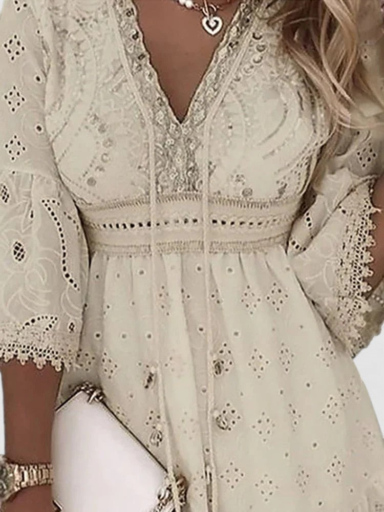 Isolde Boho Mini Dress with Embroidered Trim and Flared Sleeves