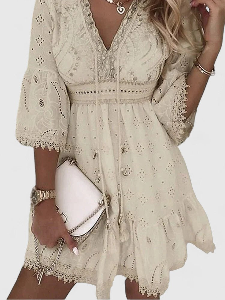 Isolde Boho Mini Dress with Embroidered Trim and Flared Sleeves