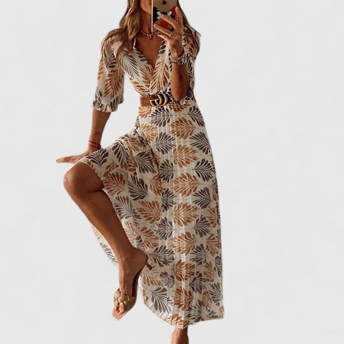 Isolde Belted Maxi Dress with Leaf Print for Casual Summer Outings