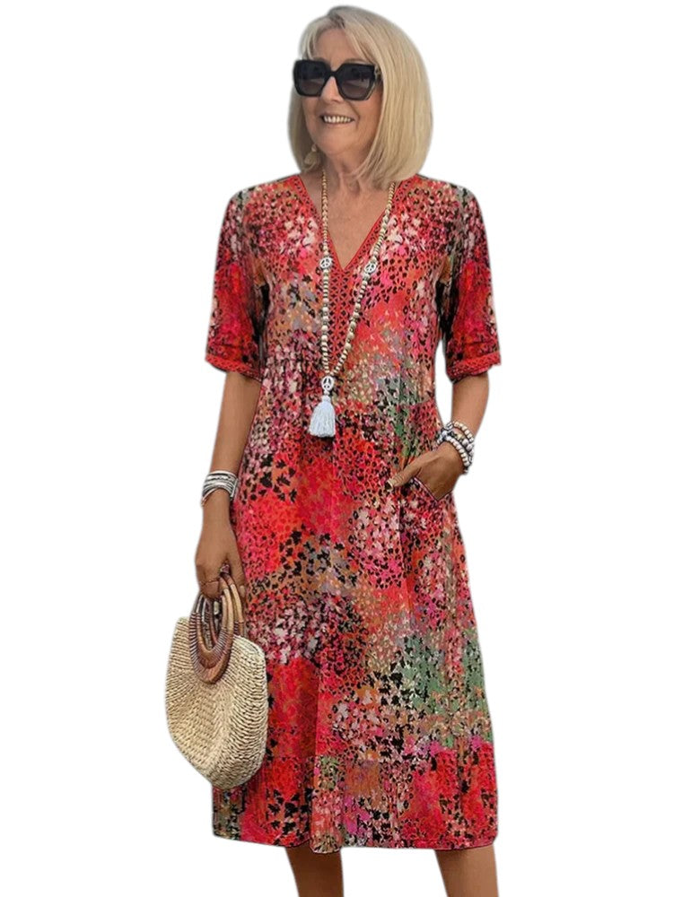 Leonie - A-Line Dress with V Neckline and Half Sleeves for Resortwear