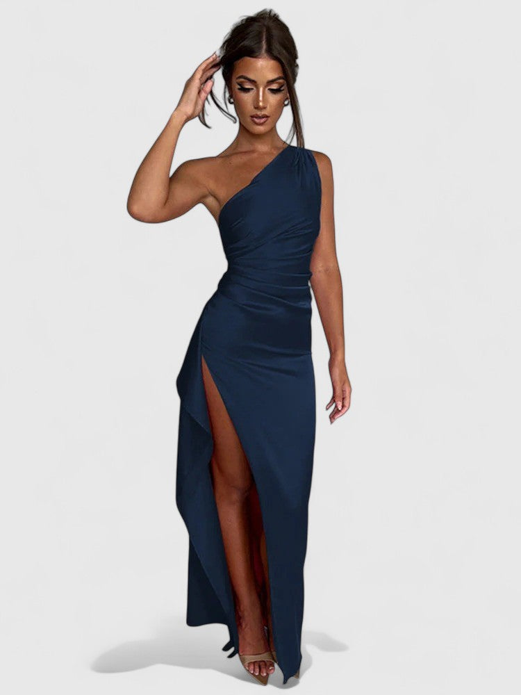 Miranda One-Shoulder Satin Maxi Dress with High Slit