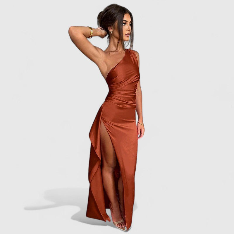 Miranda One-Shoulder Satin Maxi Dress with High Slit
