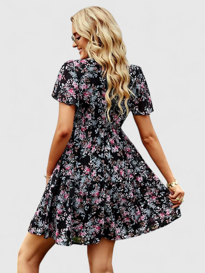 Mireille Tiered V-Neck Dress with Short Flow Sleeves