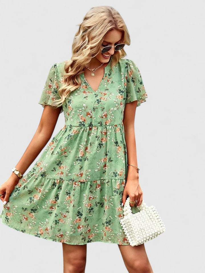 Mireille Tiered V-Neck Dress with Short Flow Sleeves