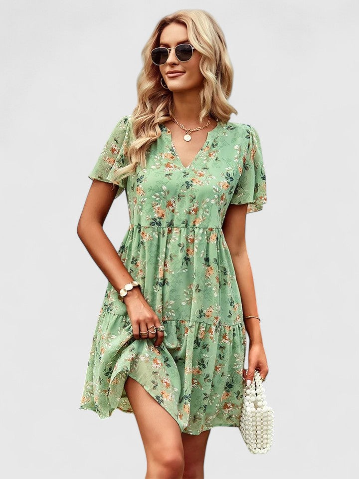 Mireille Tiered V-Neck Dress with Short Flow Sleeves