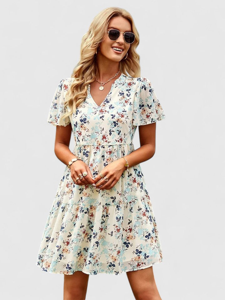 Mireille Tiered V-Neck Dress with Short Flow Sleeves