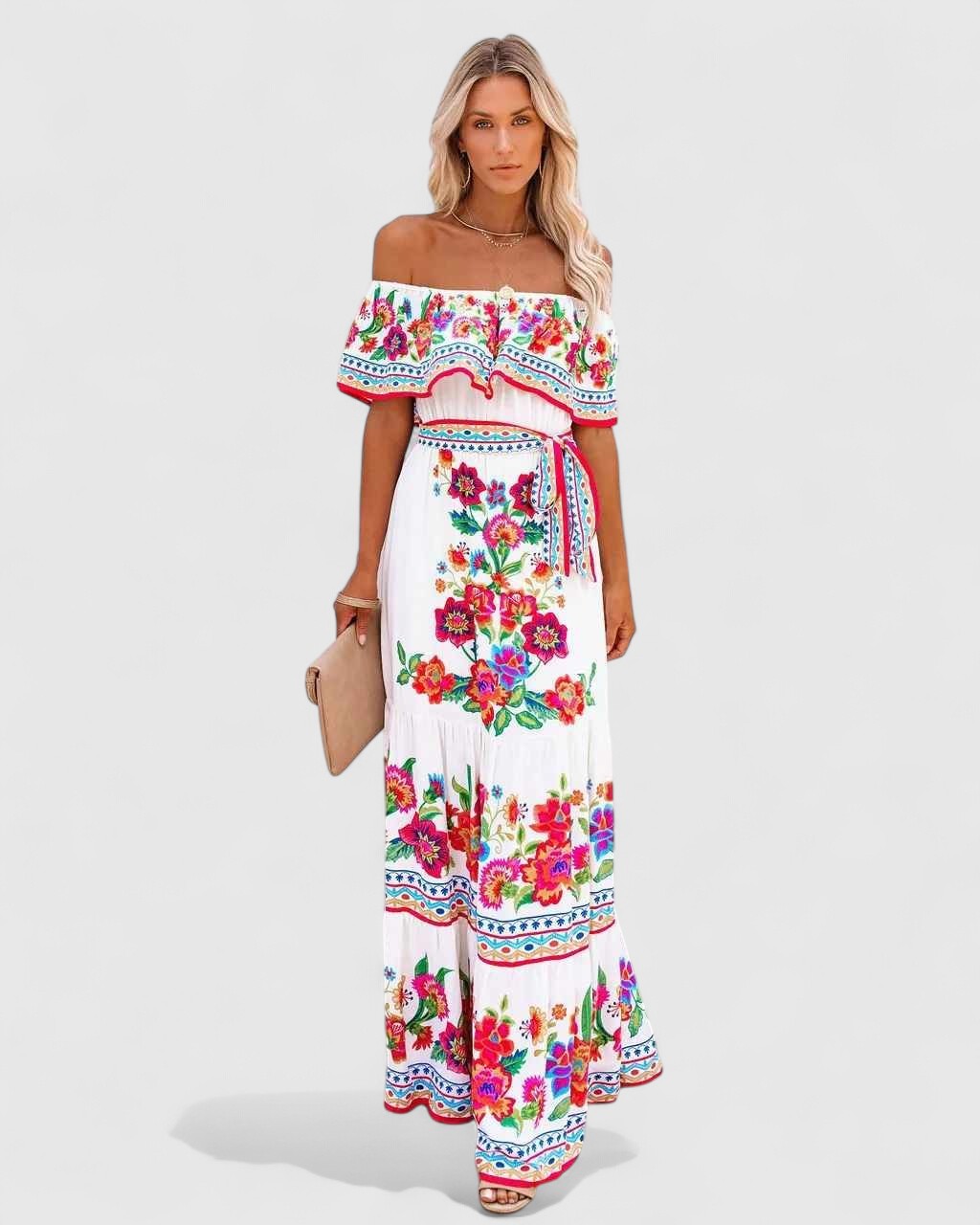 Natalia Off-Shoulder Maxi Dress with Floral Embroidery