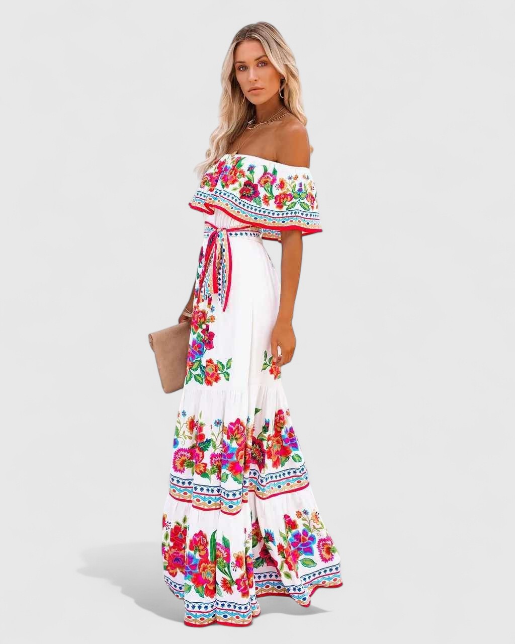 Natalia Off-Shoulder Maxi Dress with Floral Embroidery