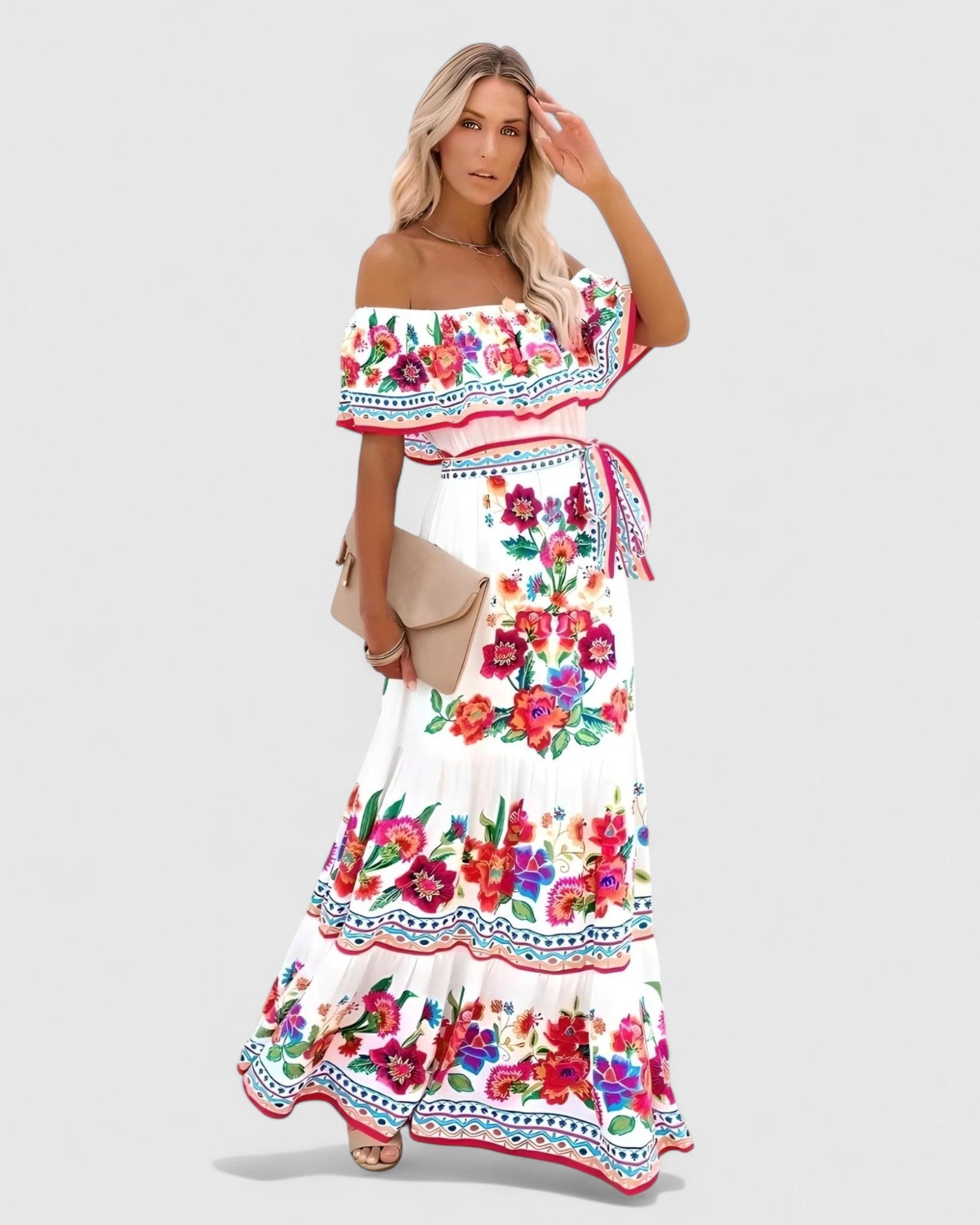 Natalia Off-Shoulder Maxi Dress with Floral Embroidery