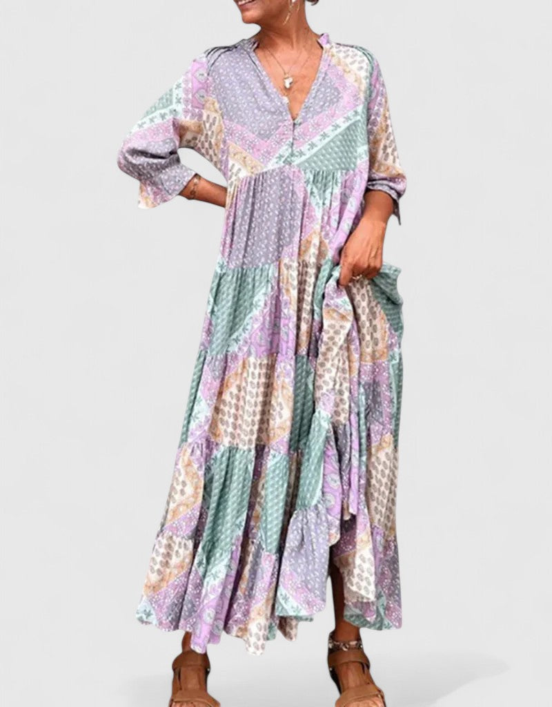 Marcelline Boho Maxi Dress with Flowing Tiered Silhouette and V-Neckline