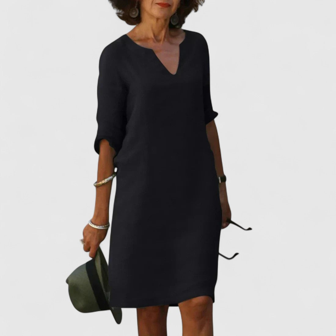 Odette Shift Dress with 3/4 Sleeves and Notch Neckline