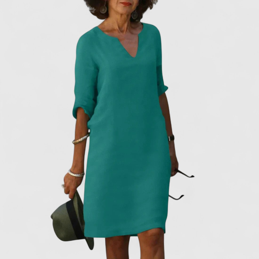 Odette Shift Dress with 3/4 Sleeves and Notch Neckline