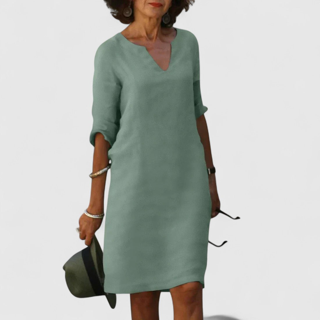 Odette Shift Dress with 3/4 Sleeves and Notch Neckline