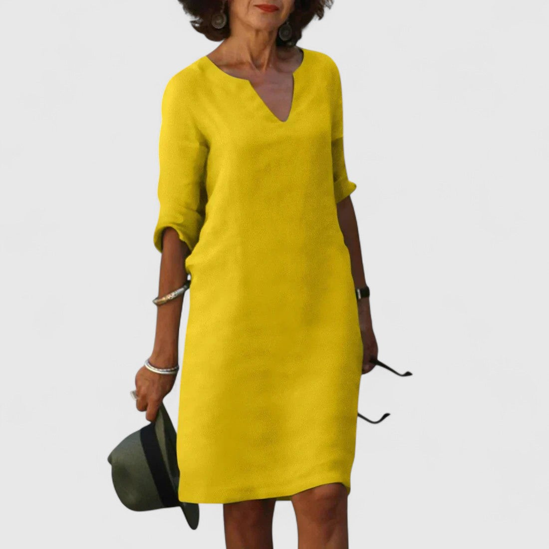 Odette Shift Dress with 3/4 Sleeves and Notch Neckline
